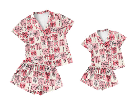3.20 custom each style moq 5eta 4-6week Sibling Sister bow short sleeve shorts sets and adult sets match design