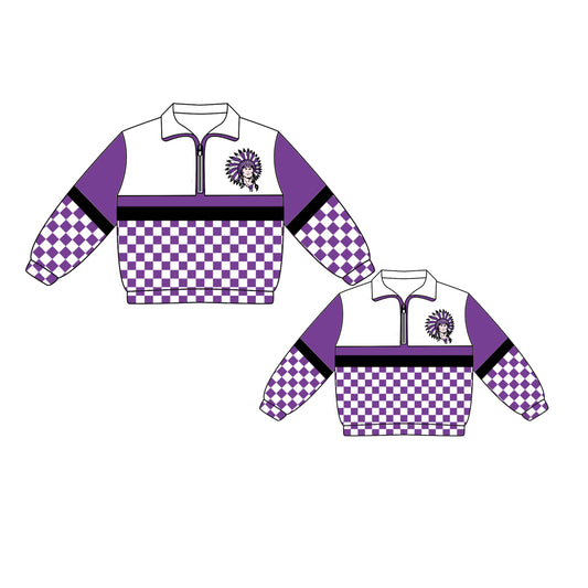 Custom moq 5 mix size milk silk summer teams Daddy and Me Purple Checked Long Sleeve Team Pullover Tops