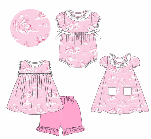 2.14 custom each style moq 5eta 4-6week Sibling Sisters riding horse baby girl short sleeve shorts sets and dress and rompers match family design