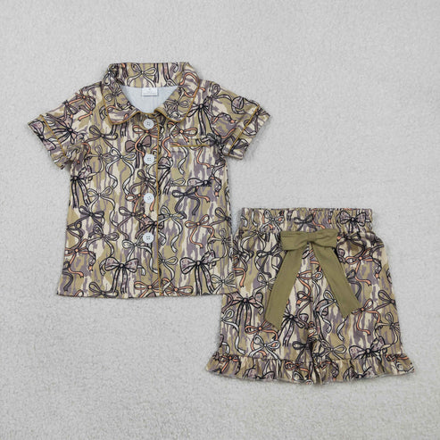 RTS NO MOQ Sibling Family Matching Pajamas Mama Girls Southern Camo Bows Button Pocket Ruffle Shorts Set Children's Wear Sleepwear