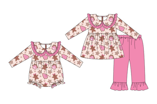 25.6.27 custom each style moq 5eta 4-6week Sibling Sisters Christmas pink baby girl long sleeve pants sets and rompers match family design