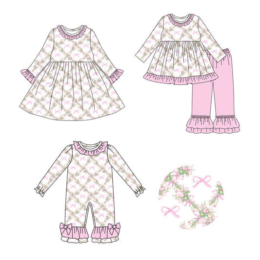 25.7.24 custom each style moq 5eta 4-6week Sibling Sisters floral bow baby girl long sleeve pants sets and dress and rompers match family design