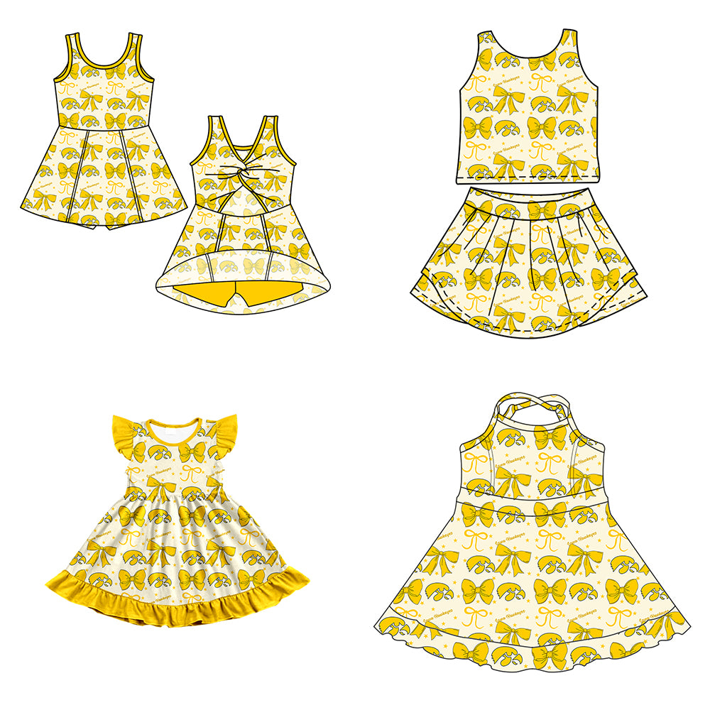 Custom moq 5 mix size milk silk summer teams baby girls clothes team bow yellow sleeveless skirts sets and dress 1 and dress 2 and dress 3-25.6.26