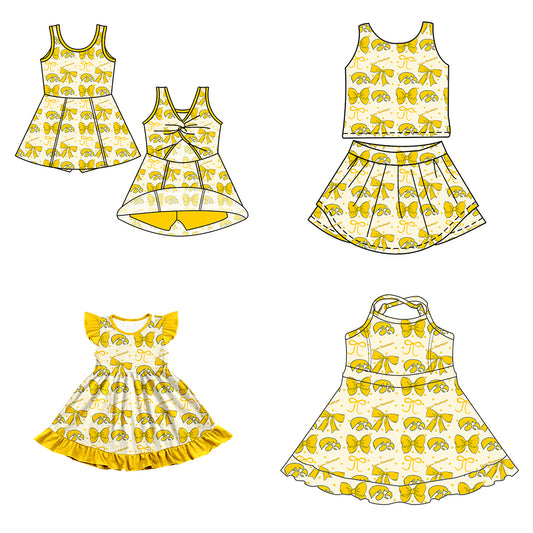 Custom moq 5 mix size milk silk summer teams baby girls clothes team bow yellow sleeveless skirts sets and dress 1 and dress 2 and dress 3-25.6.26