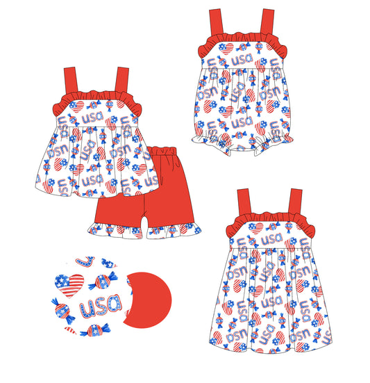3.27 custom each style moq 5eta 4-6week Sibling Sisters USA bow baby girl short sleeve shorts sets and dress and rompers match family design