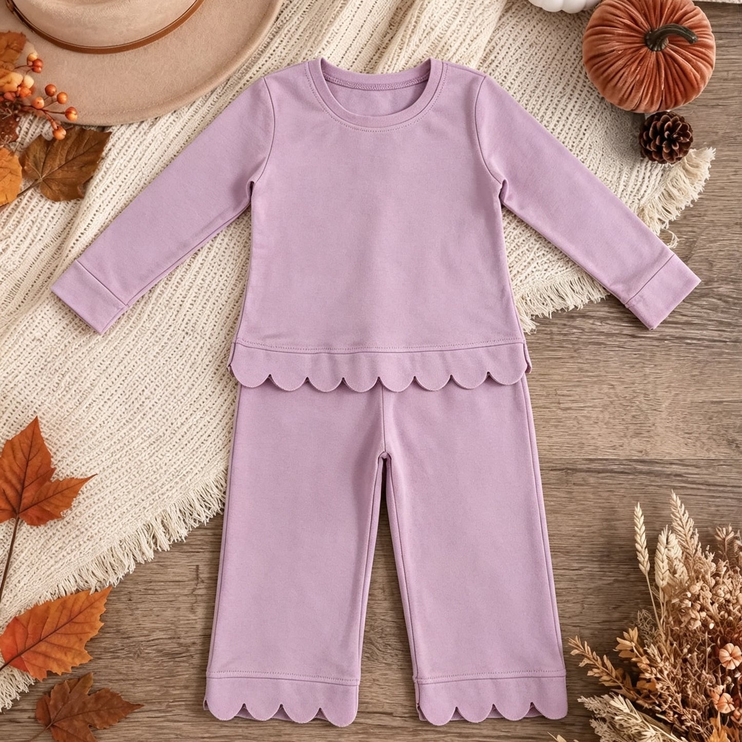 NEW RTS NO MOQ cotton GLP3289 Baby Girls Lavender Long Sleeve Top Pants Scallop Pajamas Clothes Sets