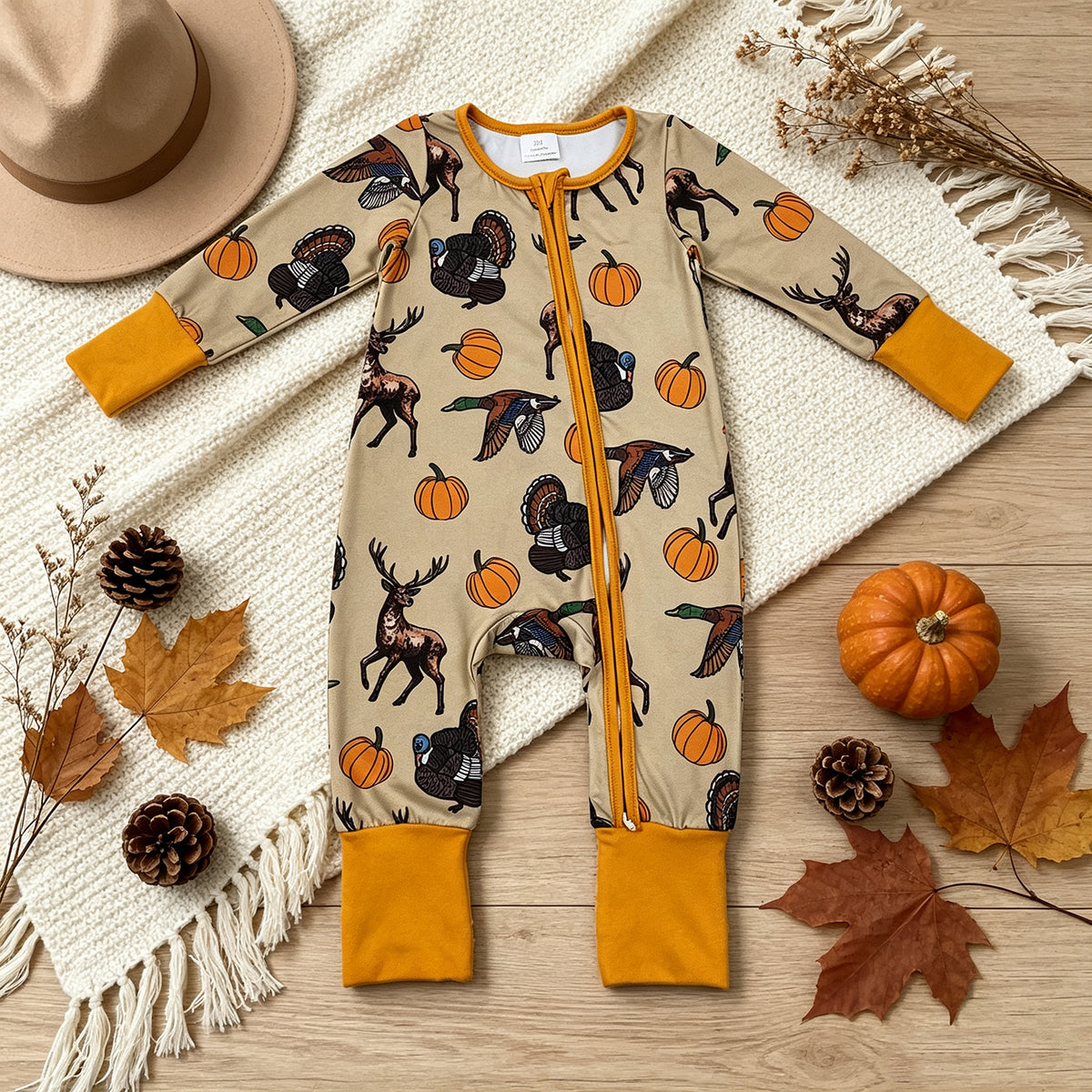 NEW RTS NO MOQ milk silk LR3251 Baby Boys Pumpkins Turkey Ducks Deer Print Two Way Zip Front Convertible Thanksgivings Long Sleeve Romper