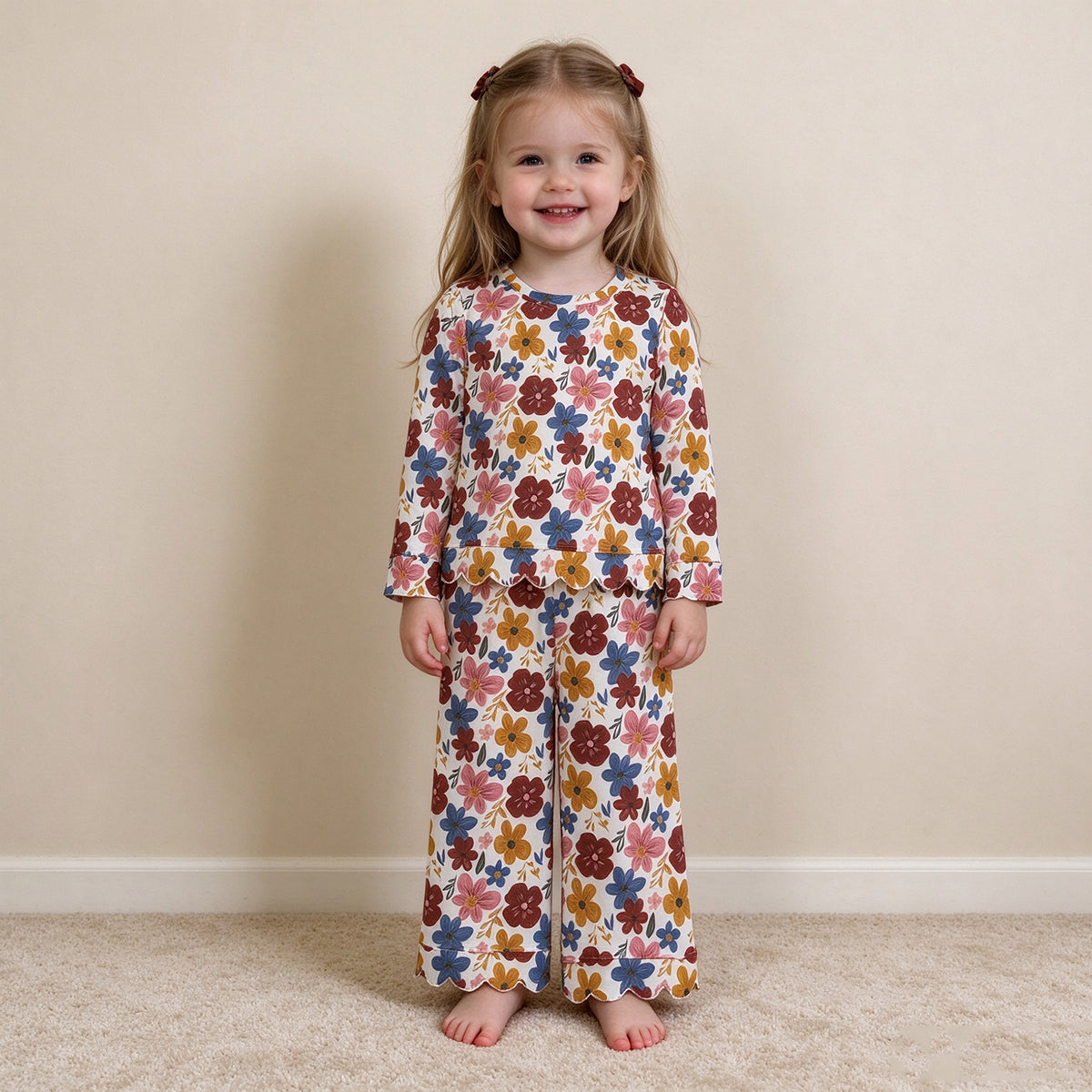 NEW RTS NO MOQ milk silk GLP3690 Baby Girls Long Sleeve Colorful Flowers Top Pants Fall Scallop Holiday Outfit Set