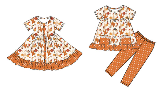 5.1 custom each style moq 5eta 4-6week Sibling Sister turkey catcus baby girl pants sets and dress match family design