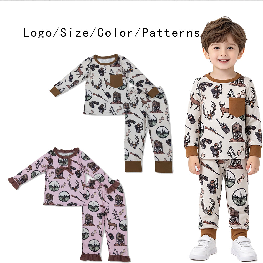 RTS NO MOQ Sibling milk silk Baby Boys Girls Deer Print Long Sleeve Pajama Set