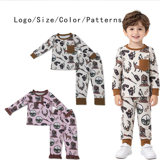 RTS NO MOQ Sibling milk silk Baby Boys Girls Deer Print Long Sleeve Pajama Set