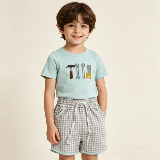 RTS NO MOQ BSSO1666 Baby Boys Embroidery Tools Top with Checked Pockets Shorts Clothing Set