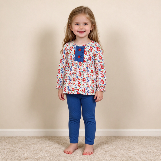 NEW RTS NO MOQ milk silk GLP3522 Baby Girls Red Blue Flowers Button Tunic Leggings Casual Outfit