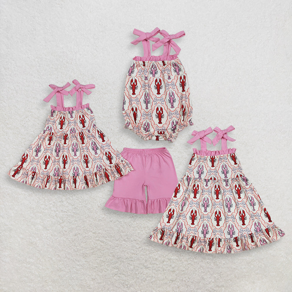 RTS NO MOQ Sibling Baby Girls Checked Strap Bows Crayfish Tunic Ruffle Shorts Outfit Set Infants Romper Dress Outfit