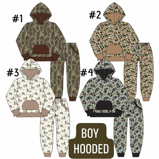 (Preorder new) No moq Baby Boys Camouflage Print Long Sleeve Hooded Sweatshirt Pockets Drawstring Waist Pocket Jogger Pants Set