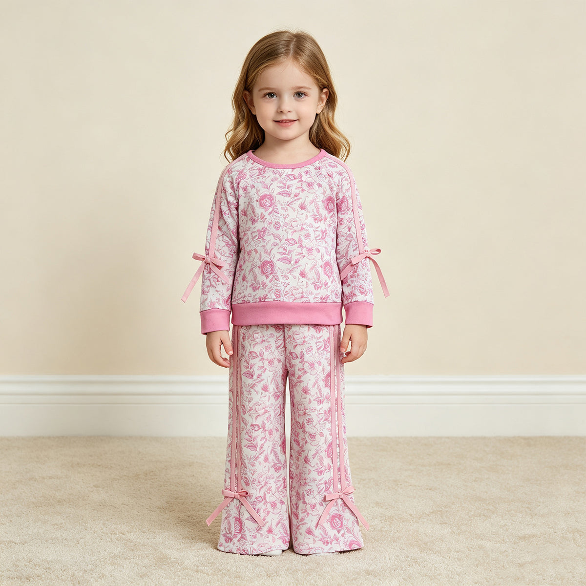 NEW RTS NO MOQ milk silk GLP3366 Baby Girls Pink Floral Print Long Sleeve Top Pockets Flare Pant Fall Outfit Set