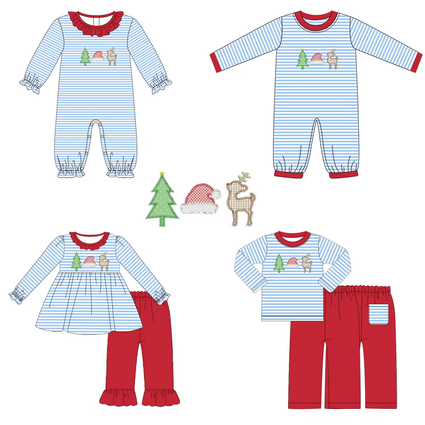 Custom moq 3 mix size eta 6-8 weeks Embroidered Christmas tree-hat-deer pattern blue stripes boy and girl mixed set