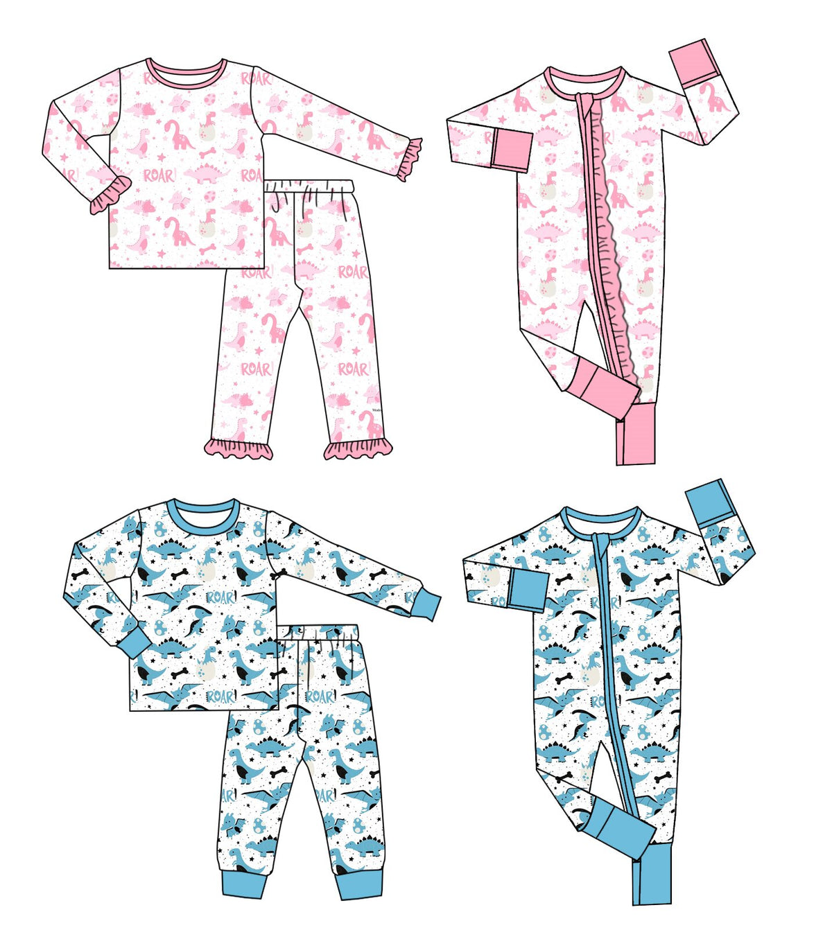 (Preorder new) No moq Baby Boys And Girls Print Ruffle Long Sleeve Pajama Set And Zipper Romper