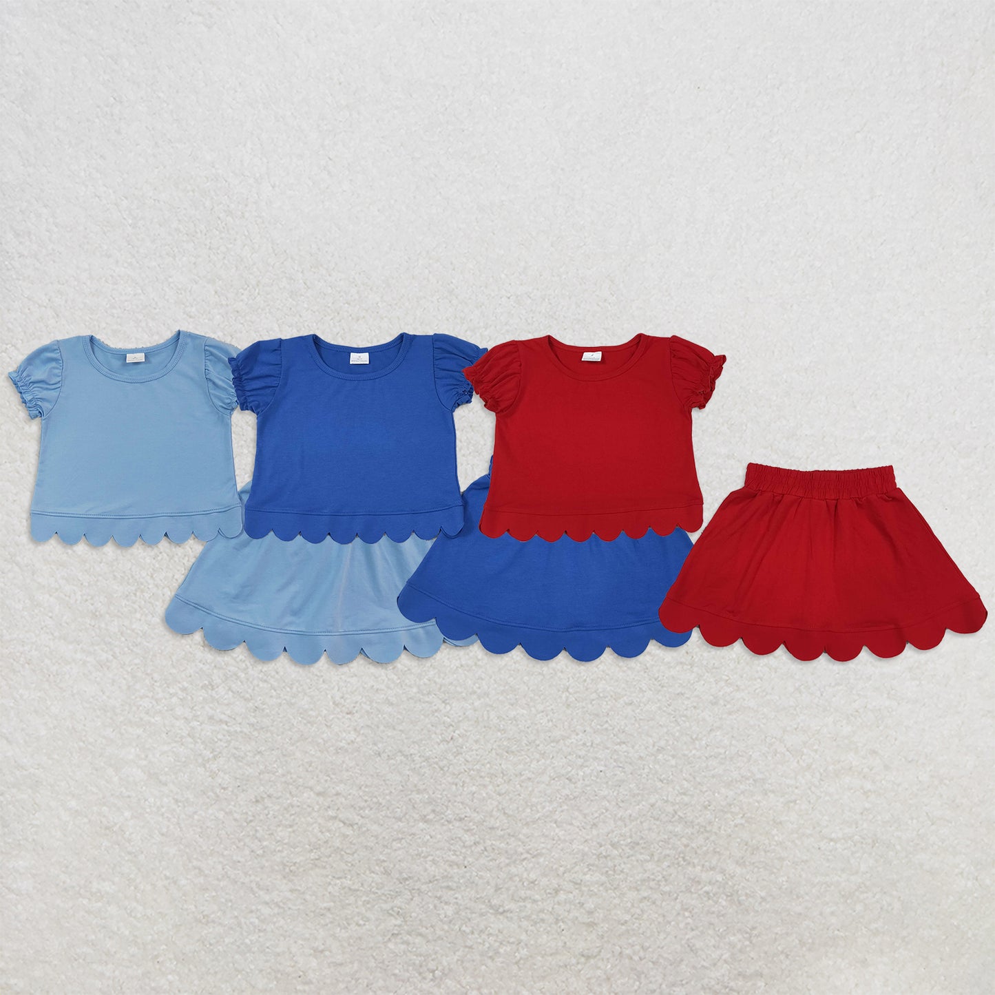 RTS NO MOQ Sibling cotton Baby Girls Short Ruffle Sleeve Top Matching Scallop Skort Two Piece Clothes Set