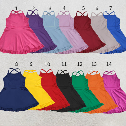 RTS NO MOQ Sibling yoga fabric cotton Baby Girls Solid Color Sleeveless Strap Ruffle Yoga Dresses