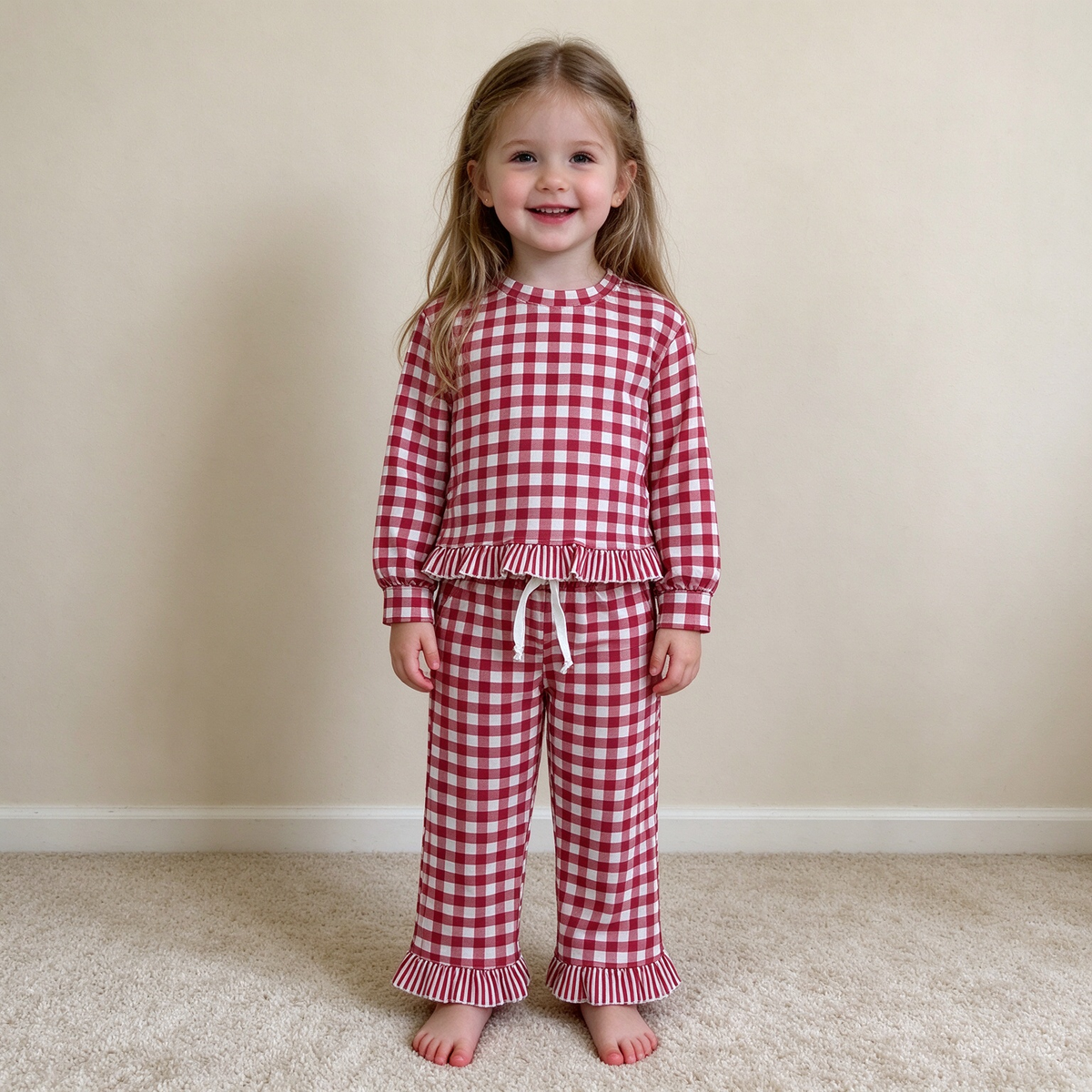 NEW RTS NO MOQ milk silk GLP3675 Baby Girls Long Sleeve Checked Top Pockets Ruffle Pant Clothes Set