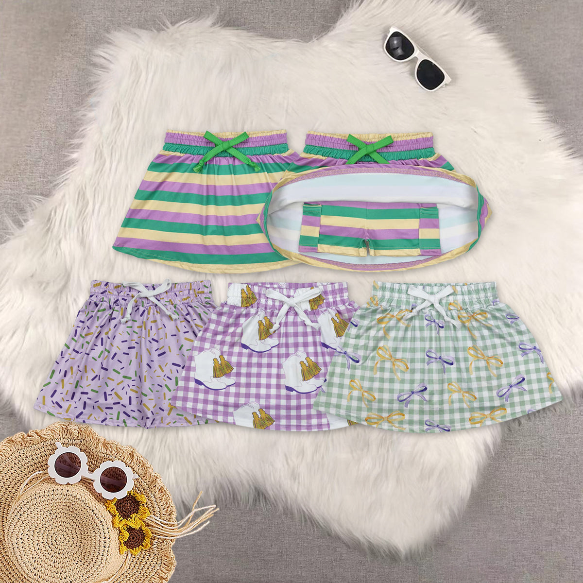 RTS NO MOQ Sibling baby girl clothes Carnival yellow green purple color matching striped culottes skirts
