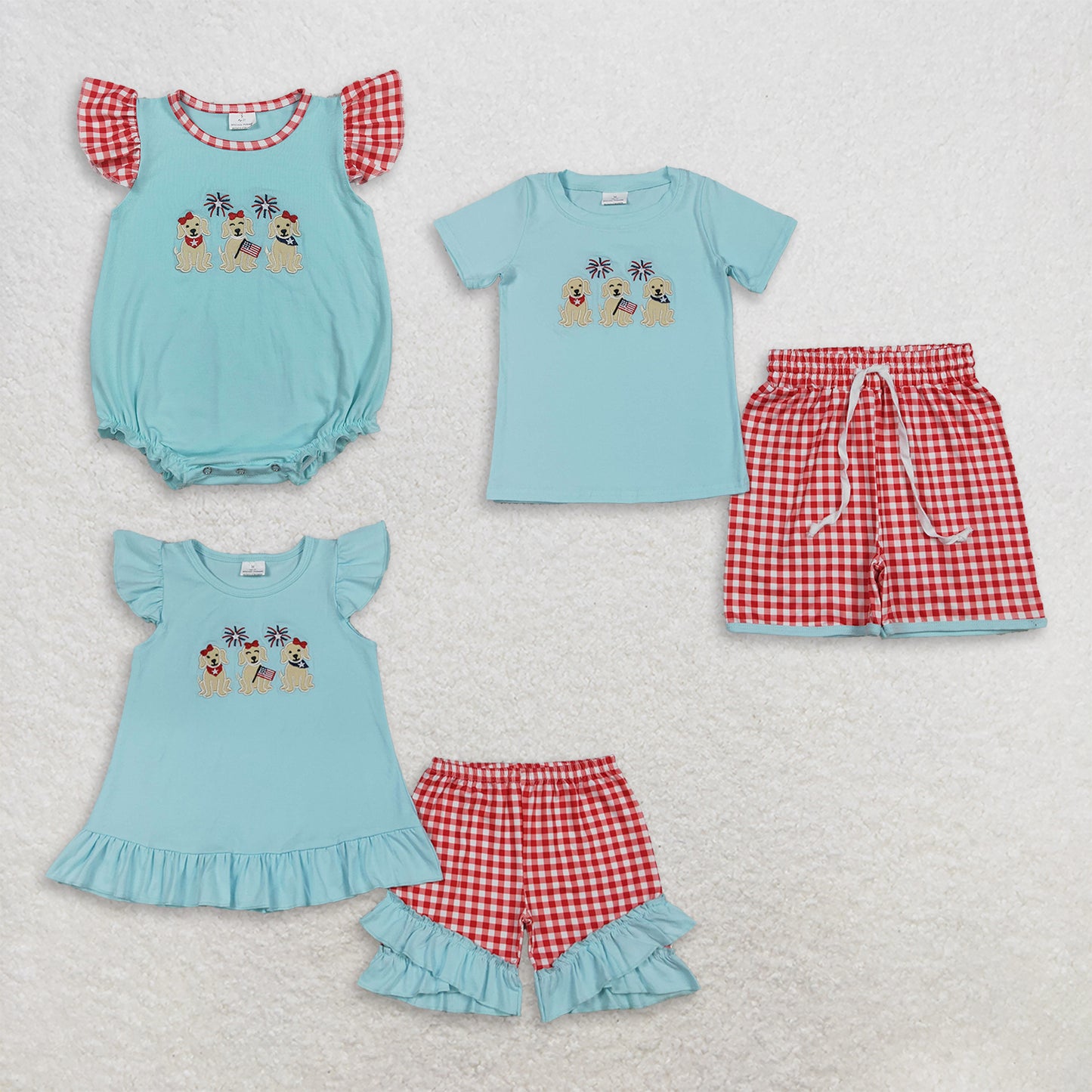 RTS NO MOQ Sibling milk silk Baby Boys And Girls 4th of July Embroidery Flag Dogs Top And Checked Shorts Set Ruffle Romper