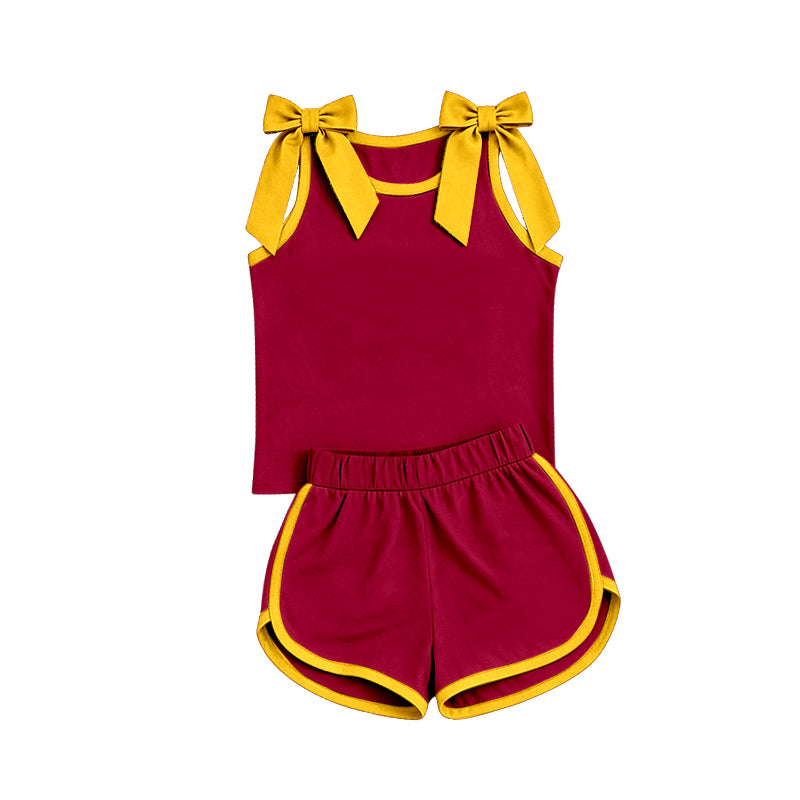 custom moq 5 mix size Baby Girls Yellow Bow Red Sleeveless Top Shorts Team Athletic Set