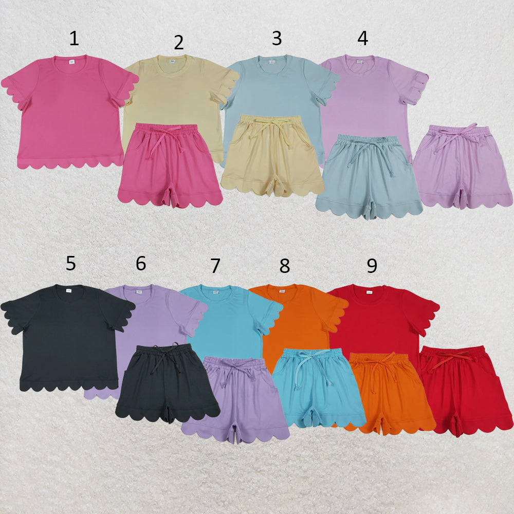 RTS NO MOQ Sibling cotton Adult Women's Solid Color Short Sleeve Shirt Top with Pockets Short Scallop Clothes Set