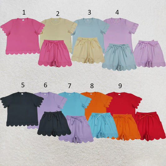 RTS NO MOQ Sibling cotton Adult Women's Solid Color Short Sleeve Shirt Top with Pockets Short Scallop Clothes Set