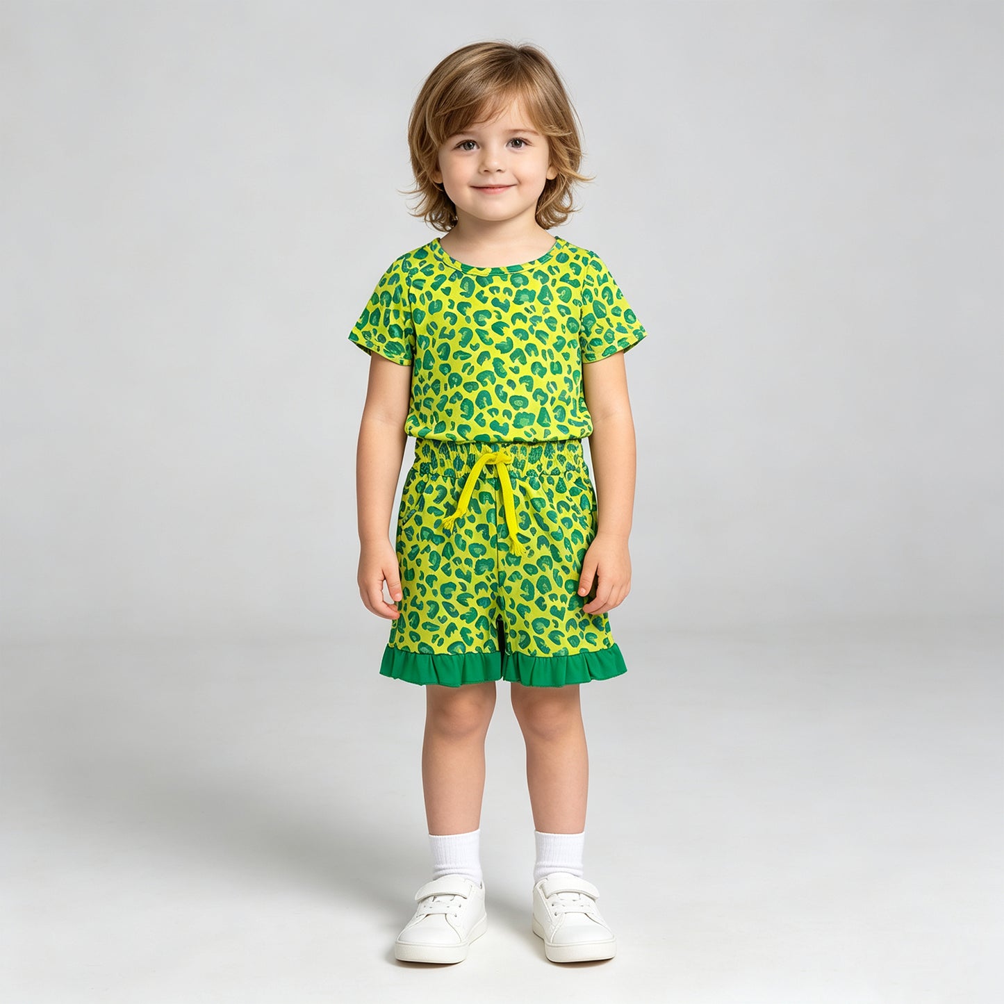 NEW RTS NO MOQ milk silk GSSO3812 Baby Girls Light Green Leopard Top Pockets Ruffle Short Clothes Sets