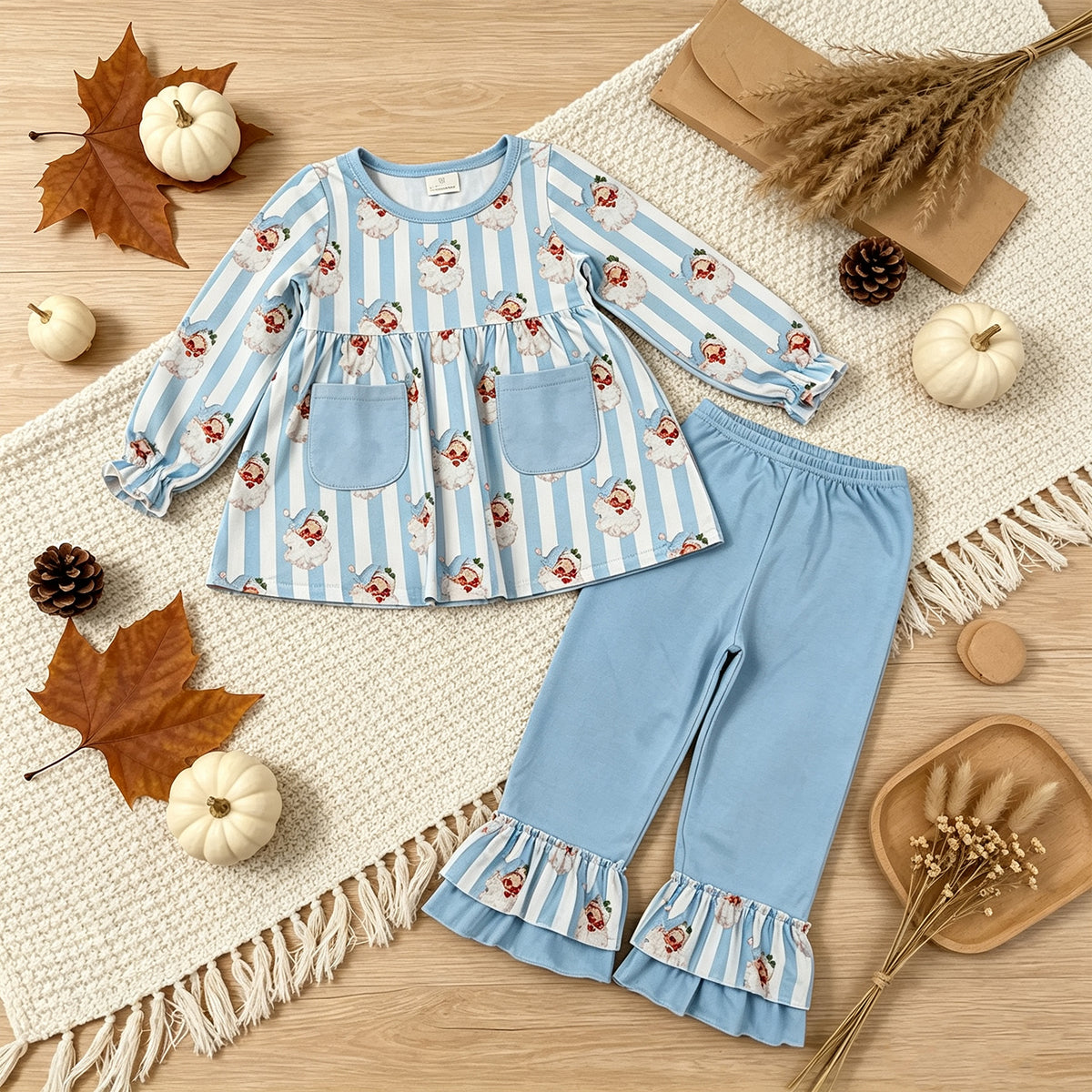 NEW RTS NO MOQ milk silk GLP3455 Baby Girls Blue Stripe Santa Pockets Tunic Ruffle Pant Christmas Set