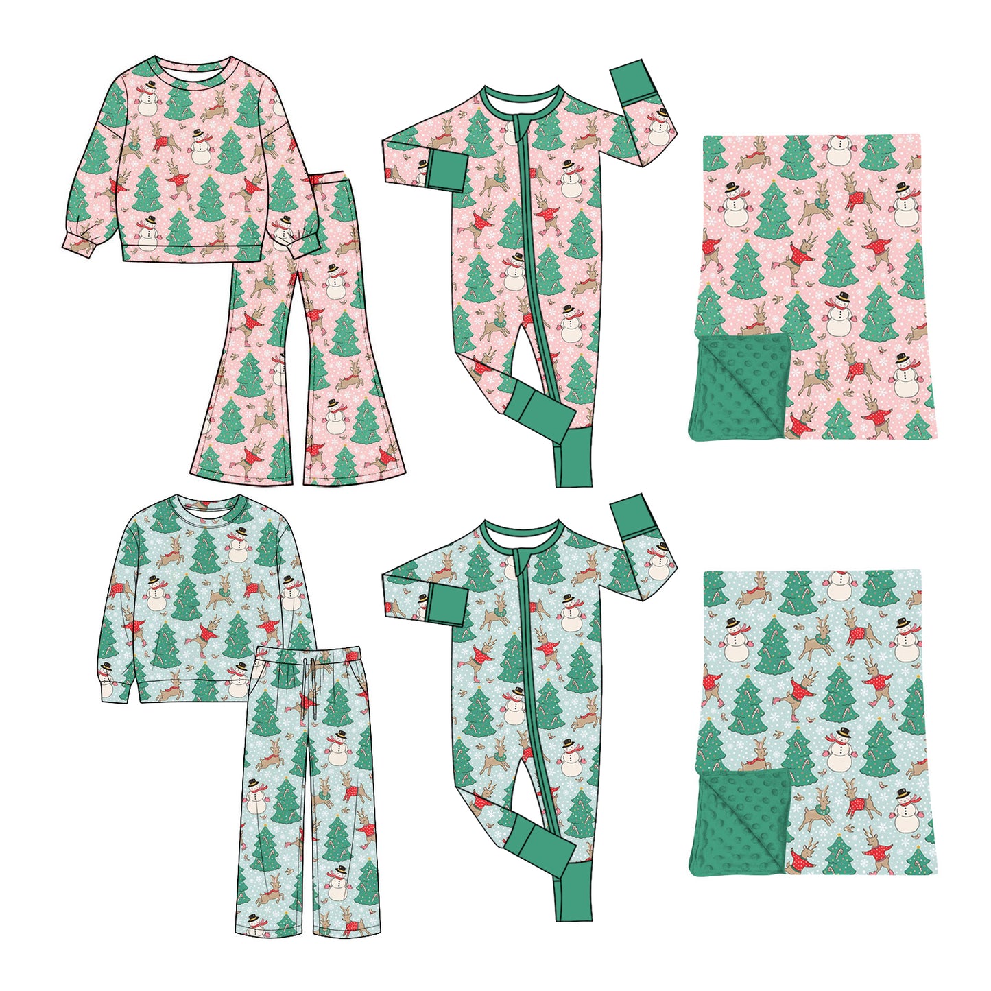 (Preorder new) No moq Baby Girls Boys Snowman Tree Deer Print Pocket Top Matching Pants Christmas Clothes Set Rompers Blankets