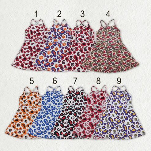 RTS NO MOQ Sibling Baby Girls Strap Leopard Print Yoga Short Knee-Length Dress Active Team Outfit for Girls