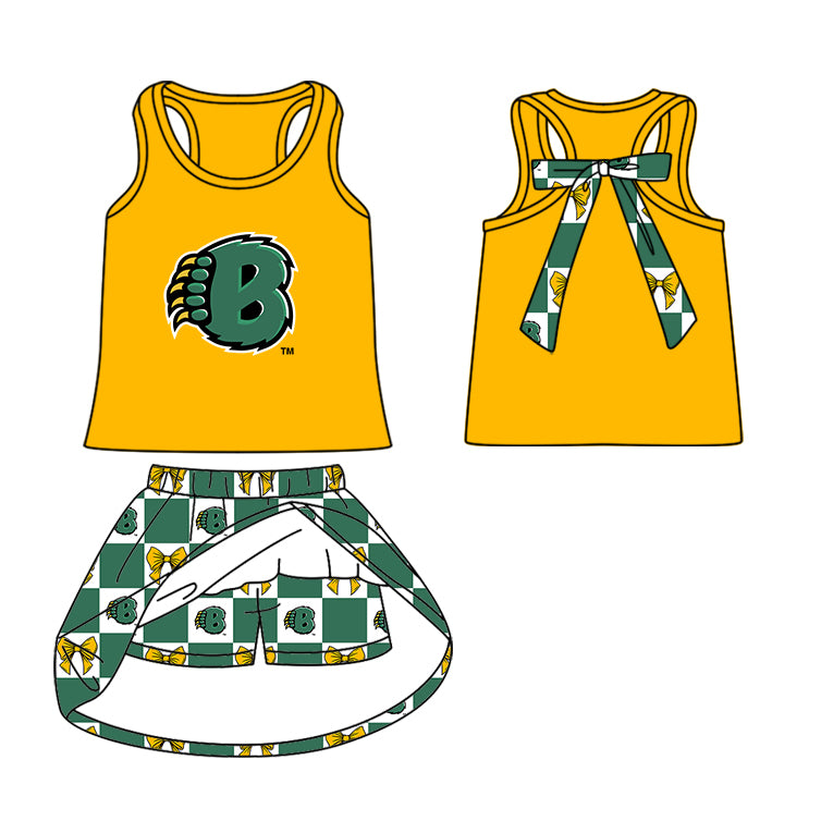 Custom moq 5 mix size milk silk summer teams Green Checked Bows Baby Girl Sleeveless Top Skirt Short Set Dress And Shorts Yoga Outfit Boy's Top Shorts Set Romper