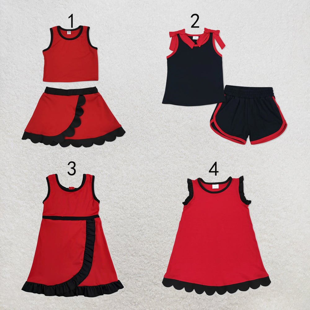 RTS NO MOQ Sibling yoga fabric cotton Baby Girls Red Black Contrast Trim Sleeveless Summer Outfit Skort Shorts Wrap And A Line Dress