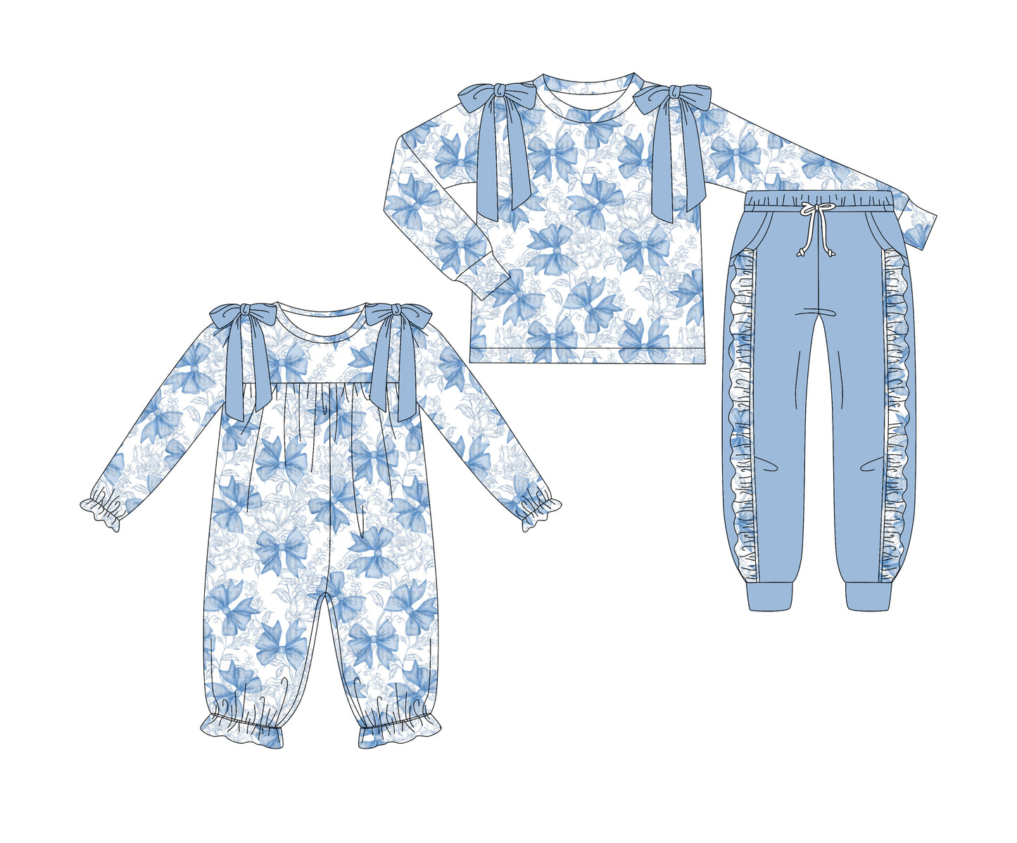25.7.3 custom each style moq 5eta 4-6week Sibling Sisters bow blue baby girl long sleeve pants sets and rompers match family design