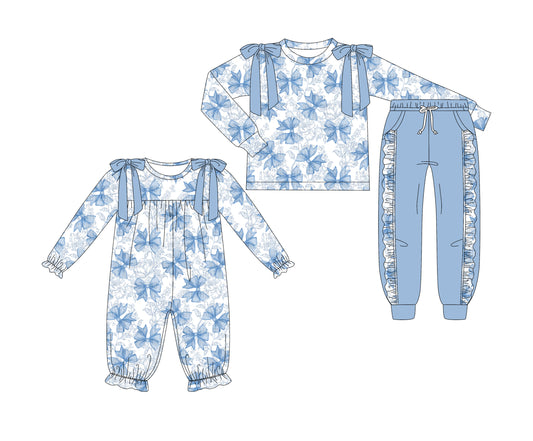 25.7.3 custom each style moq 5eta 4-6week Sibling Sisters bow blue baby girl long sleeve pants sets and rompers match family design