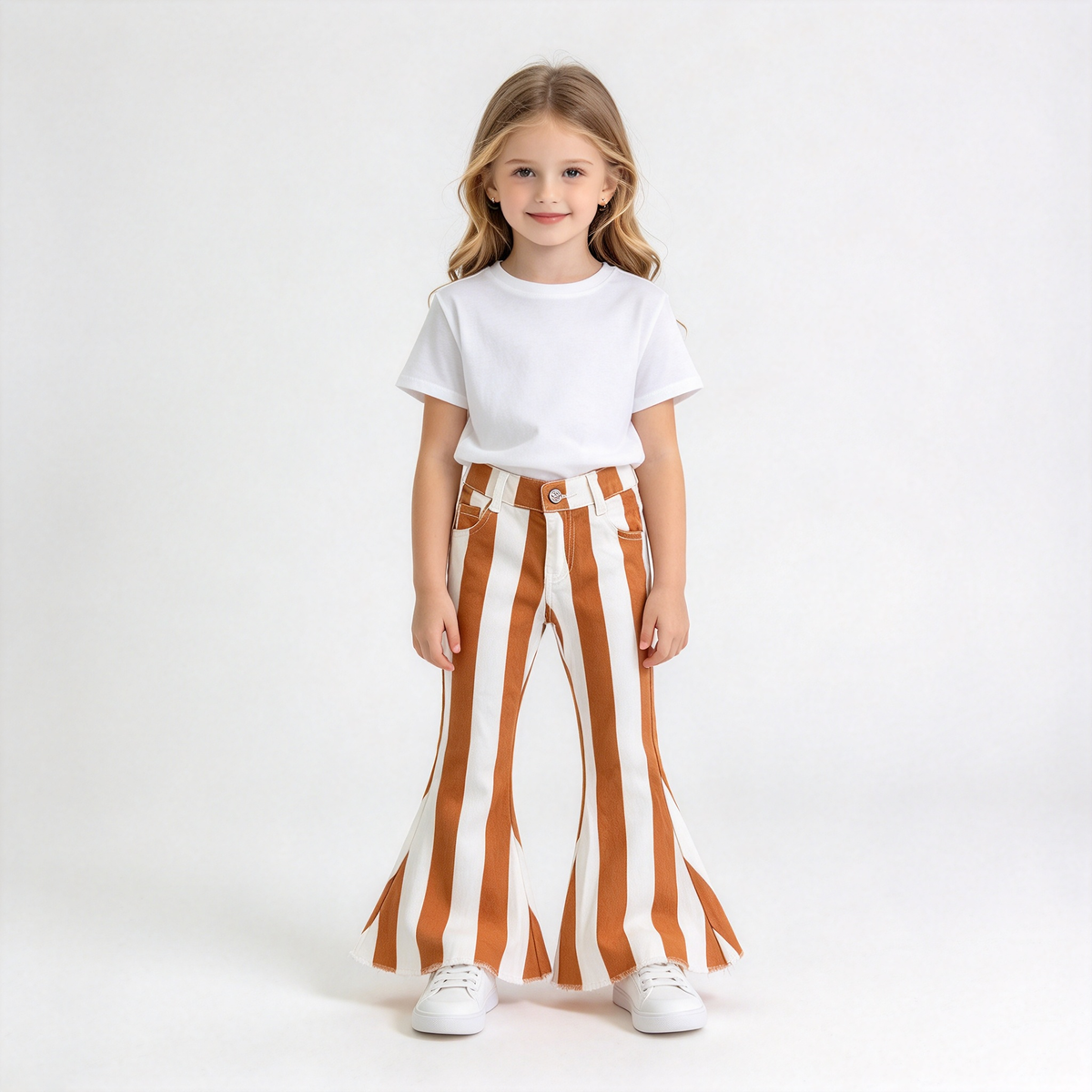 RTS NO MOQ Sibling Denim Baby Girls Stripe Casual Bell Bottom Denim Pocket Pants
