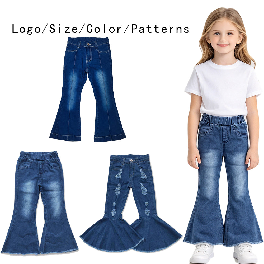 RTS NO MOQ Sibling Denim Baby Girls Denim Bell Bottoms Elastic Waist And Button Fly Flared Jeans