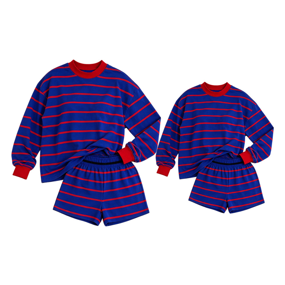 (Preorder new) No moq Yoga Kids And Adult Red Blue Striped Shirt Top And Short Yoga Active Set