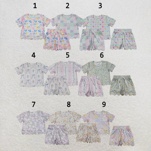 RTS NO MOQ Sibling milk silk Baby Girls Colorful Flowers Scallop Trim Short Sleeve Tee And Elastic Waist Shorts Set