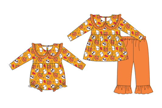 25.7.25 custom each style moq 5eta 4-6week Sibling Sister pumpkin baby girl long sleeve pants sets and rompers match family design