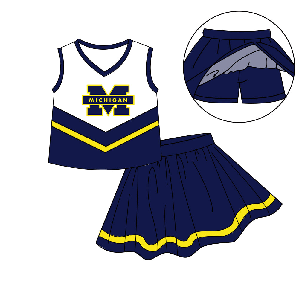 Custom moq 5 mix size milk silk eta 6-8weeks summer teams navy blue baby girls clothes team sleeveless skirts shorts sets-25.7.9