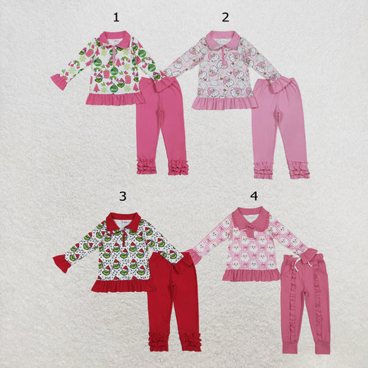 RTS NO MOQ Sibling milk silk Baby Girls Santa Print Zipper Pullover Ruffle Leggings Christmas Clothes Set