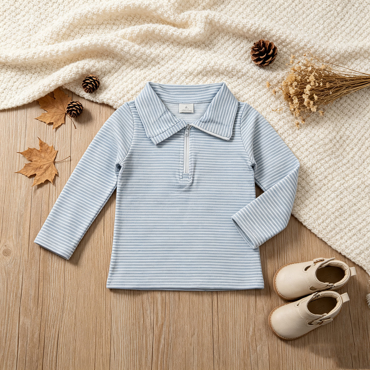 NEW RTS NO MOQ milk silk BT1878 Baby Boys Long Sleeve Blue Stripe Zip Pullovers Top