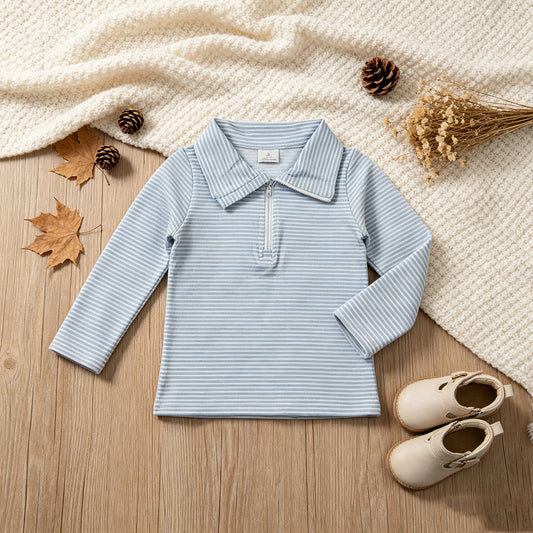 NEW RTS NO MOQ milk silk BT1878 Baby Boys Long Sleeve Blue Stripe Zip Pullovers Top