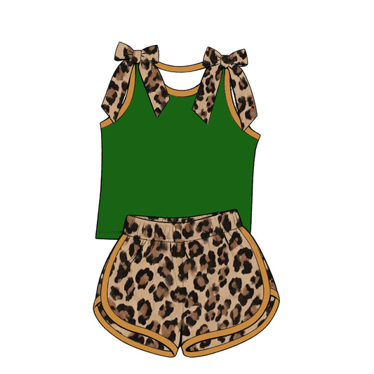 custom moq 5 mix size Baby Girls Leopard Bow Sleeveless Green Top Leopard Shorts Summer Casual Outfit Set