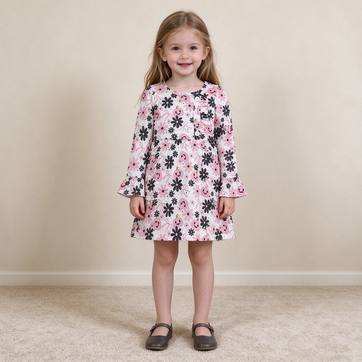 NEW RTS NO MOQ milk silk GLD1637 Baby Girls Ghosts Pumpkins Flowers Long Sleeve Button Halloween Knee Length Dresses