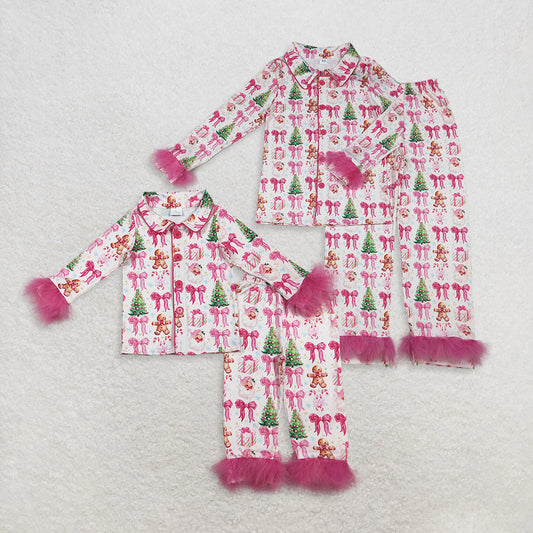 RTS NO MOQ Sibling baby girl clothes Christmas boot bow Plush long sleeve pants Sets and adult set
